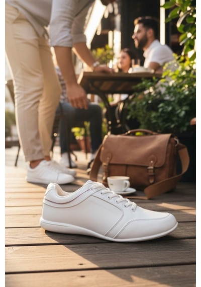 Enoch Erkek Sade Tasarım Dikiş Detaylı Düz Tabanlı Günlük Spor Ayakkabı Sneaker Beyaz
