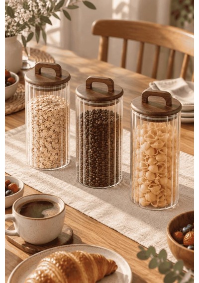 Atbyhome 3'lü Akasya Ahşap Kapaklı Çizgili Cam Kavanoz Seti 1250 Ml - Vakumlu Erzak Bakliyat Kabı Ahşap - Şeffaf