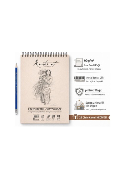A4 Eskiz Defteri, İnce Grenli, Kolay Silinebilir Ph Nötr Kağıt, Spiralli Sketch Book, 90 G/m²,