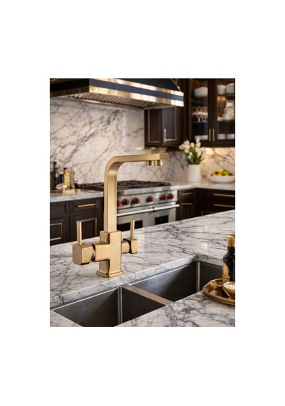 Rena Design Mat Gold Aritmali Mutfak Eviye Bataryasi 3 Yollu Kare Mutfak Musluk Prinç Garantili Altin Armatür