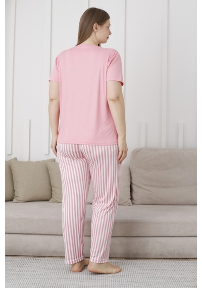 Wordex Mirano 3503 Çizgili Pijamalı Kısa Kollu Büyük Beden Pegasus Kumaş Kadın Pijama Takımı Pembe