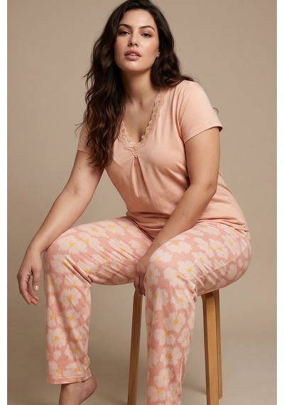 Siyah İnci Dantelli Büyük Beden Battal Viskon Örme Pijama Takım 8066 Somon