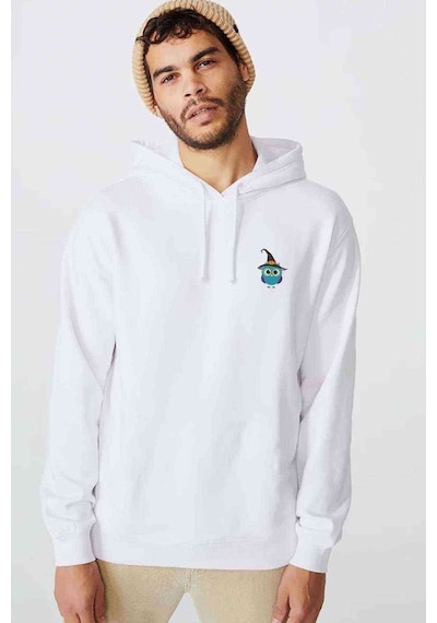 Deniz Mavisi Kuş Illüstrasyon Baskılı Beyaz Erkek Sweatshirt