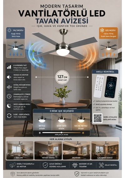 Ellis 4'lü Modern Tasarım Tavan Vantilatörü Led Avize Kumandalı Mobil Uygulamalı 3 Renk Aydınlatma Sessiz Dc Motor Beyaz