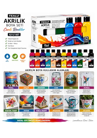 Texco Akrilik Boya Seti 12 Renk 130 Ml Canlı Renkler Rich Karma Fırça Seti 7li Set Karışık Renk