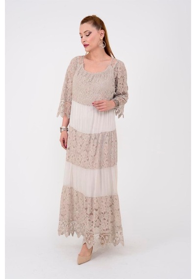 Eren Style İtalyan Sunshine İpek Detaylı Dantelli Elbise-9033 KREm Krem