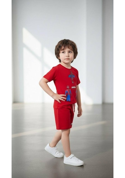 Miniko Kids Erkek Çocuk Spiderman Örümcek Adam Modelli Pamuk Şortlu Takım Kırmızı