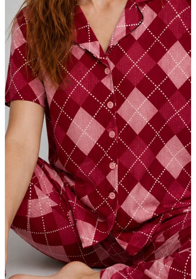 Kadın Kısa Kol Desenli Kırmızı Pijama Takımı 4730