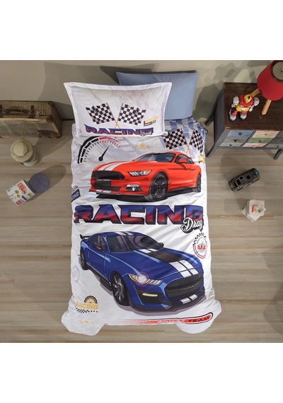 Clasy Ranforce %100 Pamuk Tek Kişilik Nevresim Racing Drag V1 Mavi Mavi