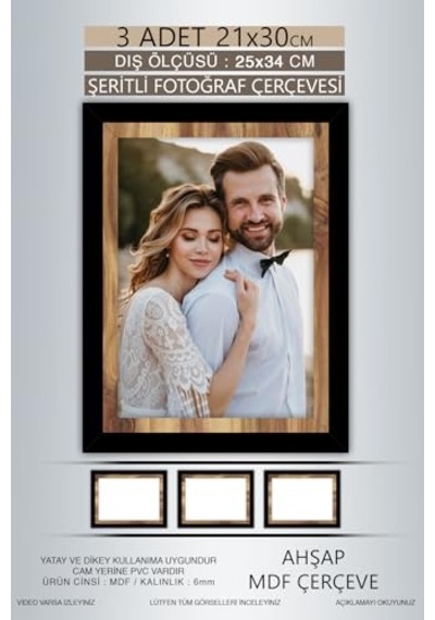 Yhfoto 3 Adet 21x30 Çerçeve Siyah Ahşap Şeritli Çerçeve A4 Çerçeve Pvc'li Diploma Karışık 20 X 30 Açık Bej