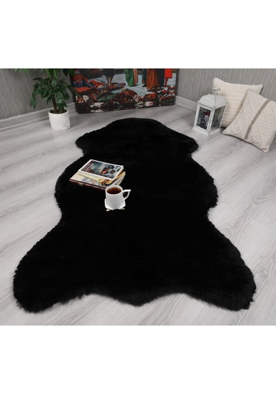 Tavşan Tüyü Dekoratif Ultra Yumuşak Post Peluş Kaymaz Halı Siyah