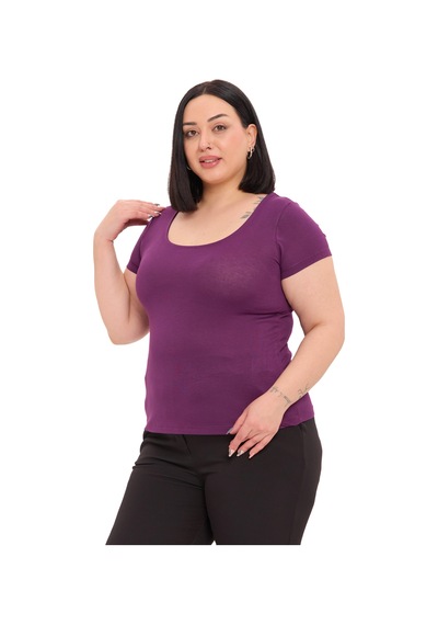 Disentis Büyük Beden U Yaka Kısa Kollu Viskon Mürdüm Body Mürdüm