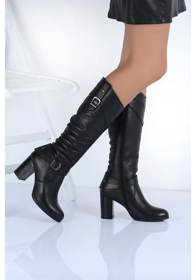 Analin Shoes Kadın Hakiki Deri Körüklü Toka Detaylı Topuklu Çizme Siyah