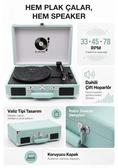 Kensa Bluetooth Lu Nostaljik Çantalı Pikap 33/45/78 Devir Dahili Bataryalı Plak Çalar Açık Yeşil