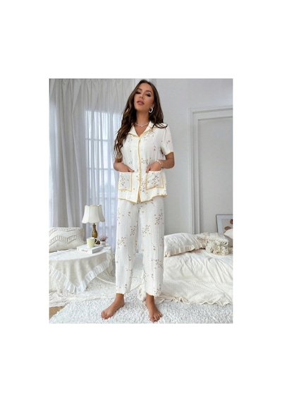 Bella Notte Çiçek Baskılı Cep Detaylı Düğmeli Günlük Pijama Takımı Beyaz
