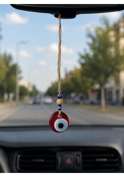 Nazar Boncuğu Dikiz Aynası Süsü Kırmızı Renkli 3 Cm Duvar Süsü El Yapımı Cam Kapı Süsü Araba