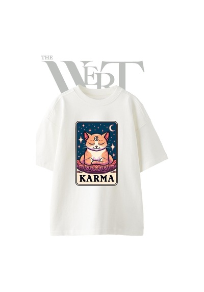 Thewert Karma Cat Tasarım Baskılı Ünisex Beyaz Oversize T-shirt