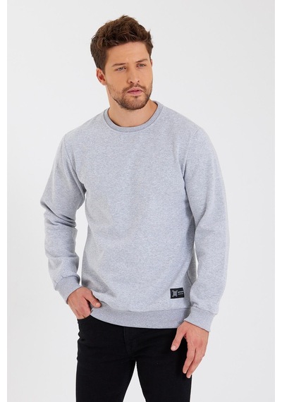 MMetalic Bisiklet Yaka Etiket Detayı İçi Pamuklu Erkek Sweatshirt Gri