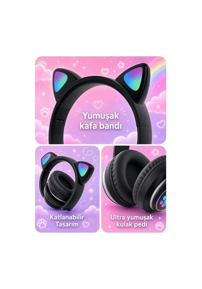 Çanta Eğitim Ders Bluetooth Kulaklık Kulak Üstü Kedi Tasarımlı Kablosuz Kulaklık Hd90 Siyah