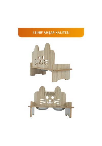 Gobypet Ahşap Özel İsim Baskılı Kulaklı Kedi Mama Su Kabı Standı