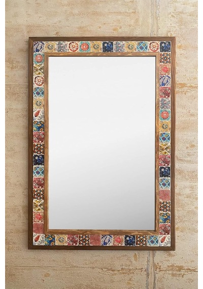 Oscar Stone Decor Ahşap Çerçeveli Mozaik Taş Mermer Ayna 63x93 Cm Seramik Eskitme Çini Desenli Diğer