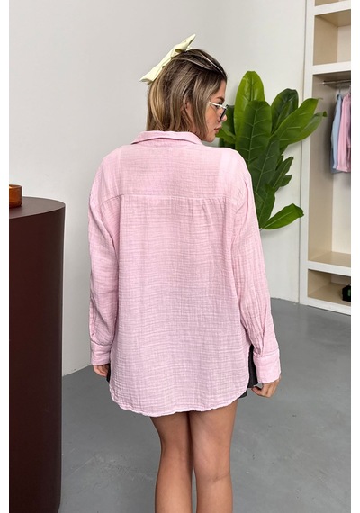 Jee Lee Kadın Uzun Kollu %100 Pamuklu Salaş Gömlek Pembe - 26y 2012 Pembe