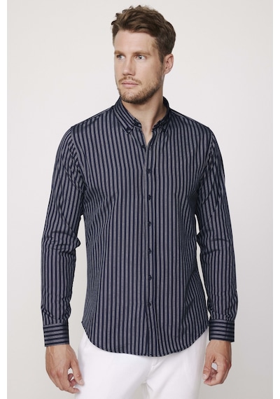 Tudors Slim Fit Pamuklu Kolay Ütü Çizgili Lacivert Erkek Gömlek-27784-lacivert Lacivert