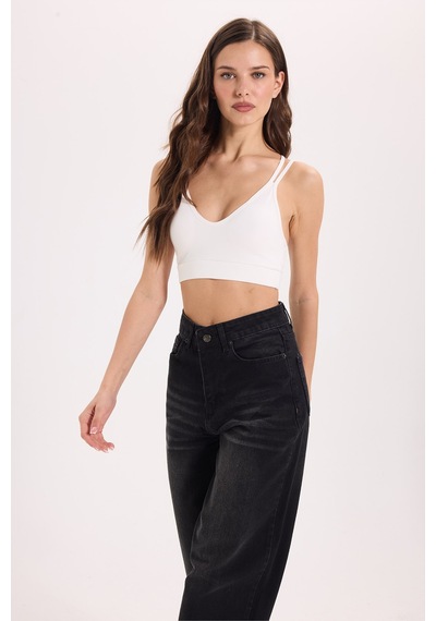 Tudors Kadın Slim Fit Dar Kesim Çapraz Bağlamalı Askılı V Yaka Ekru Crop -51181