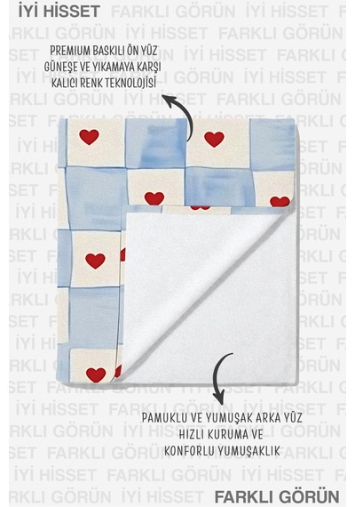 Kalp Kareli Ekose Plaj Havlu Örtüsu - Mavi Beyaz Romantik Modern Hızlı Kuruyan Mikrofiber Havlu Örtü Dalgın Deniz