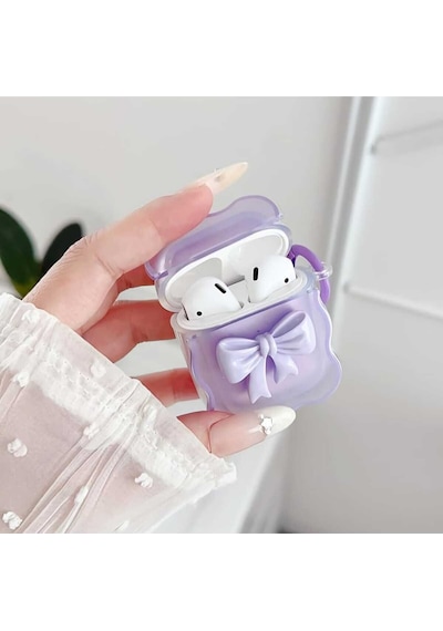 Apple Uyumlu iPhone 1/2. Nesil  Koruyucu Bluetooth Kulaklık Kılıfı Figürlü Fiyonk Mor Airpods 1/2. Nesil