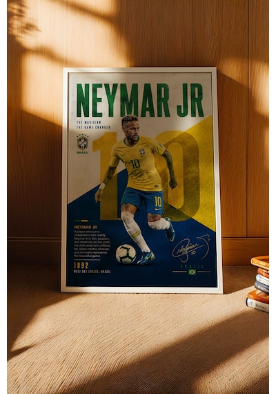 Neymar Brezilya Çerçeveli Tablo Premium Futbolcu Tabloları Lüks Salon Duvar Dekorasyonu Beyaz