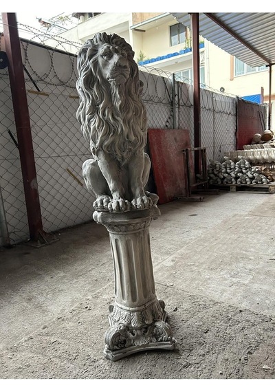 Dekoratif 53cm Eskitme Gri Aslan Ve Sütun Set Ev Balkon Bahçe Dekorasyon Bohem Biblo Heykel