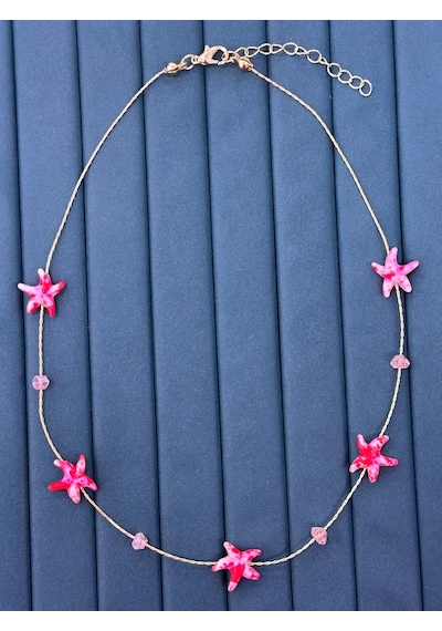 Premium Parlak Gold Renk Pembe Deniz Yıldızı Figürlü Boncuk Detaylı Zincir Kadın Bijuteri Kolye 45cm Altın