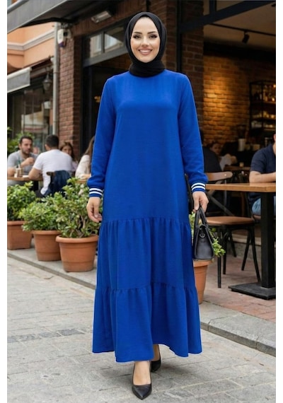 Hb Harma Time Butik Kadın Ayrobin Kolu Ribanalı Uzun Mavi Tesettür Elbise Mavi Mavi
