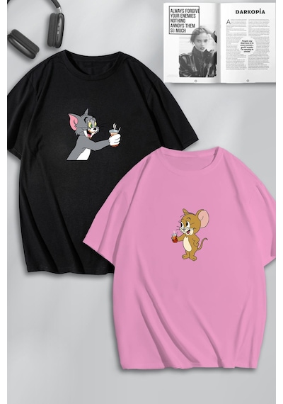 Unisex Kadın Erkek Tom Ve Jerry Çay Baskılı Sevgili Çift Kombini Tasarım Oversize Tshirt 2li Siyah Pembe Mck0470 Siyah Pembe