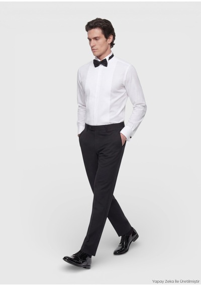 Ramsey Beyaz Düz Slim Fit Duble Manşet Smokin Gömlek beyaz white