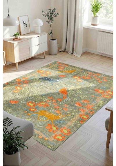 Artloop Florart Zeytin Yeşili / Turuncu Doğa Temalı Çiçekli Dokuma Tabanlı Modern Şönil Halı Al 483