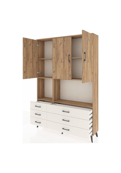 Arges Dolap 6 Raflı 6 Çekmeceli 3 Kapaklı 132x30x195 Çam-çam/... Çam