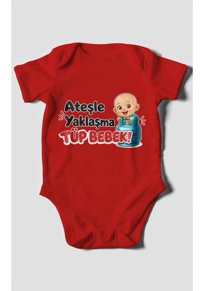Morivokids Ateşle Yaklaşma Tüp Bebek Kısa Kollu Bebek Body %100 Pamuk Kırmızı