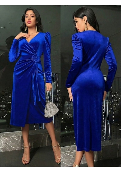 Veraura Lifestyle Kadın Uzun Kollu Kruvaze Yakalı Yandan Büzgülü Midi Kadife Elbise Saks Mavi