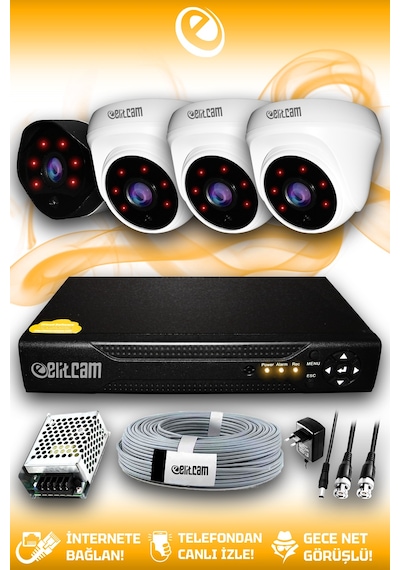 Elitcam 4 Kameralı Uzay 3 İç Kamera Set HDD'siz Full HD Gece Görüşlü Güvenlik Kamerası Sistemi