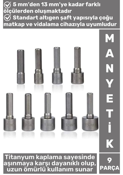 Premium Uzun Ömürlü Aşınmaya Dayanıklı Matkap Vidalama 5 Mm-13 Mm 9 Parça Manyetik Somun Adaptörü