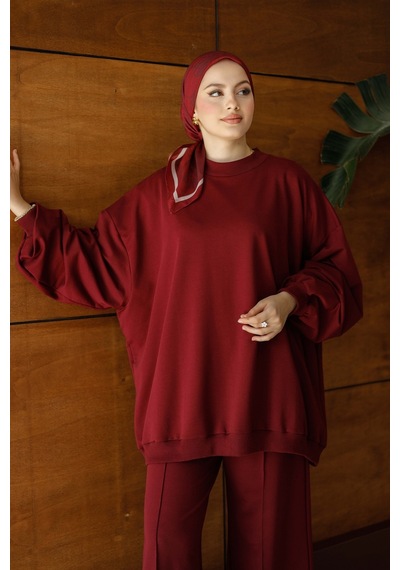 Moonsc Kadın Oversize 2 İplik Tesettür Takım Bordo