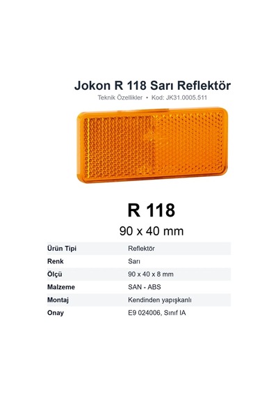 Jokon R 118 Sarı Karavan Reflektörü 90x40 Mm Yapışkanlı Jk31.0005.511