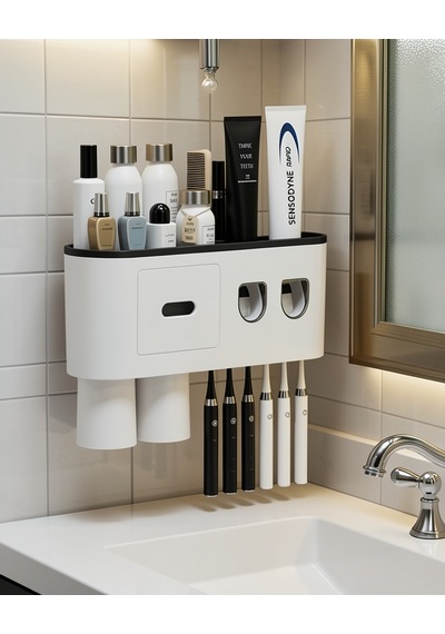Diş Fırçası Tutucu 6 Fırçalı Çift Dispenserli Bardaklı Model Çok Renkli