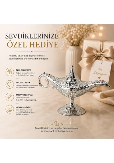Lüks Alaaddin Sihirli Lamba 35 Cm Tütsülük Buhurdanlık Zamak İşlemeli Dekoratif Biblo Obje 01526515