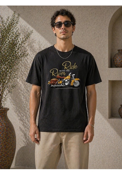 Novalisse Erkek Motosiklet Baskılı Tişört Bisiklet Yaka Kısa Kol Yazlık T-shirt - Siyah