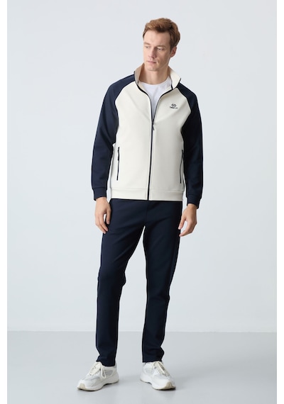 Tommy Life Bej Lacivert Dik Yaka Çift Renk Rahat Form Klasik Paça Erkek Eşofman Takımı - 85113 Bej