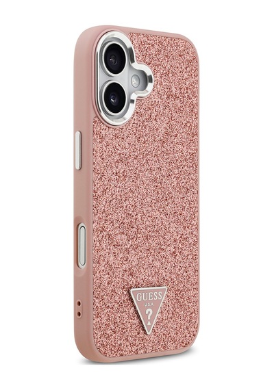 Apple Uyumlu iPhone 17 Kılıf Guess Lisanslı M-safeli Metal Kamera Çerçeveli Üçgen Logolu Glitter Pembe Pembe