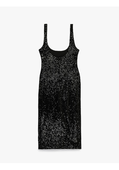 Koton Pullu Payetli Kolsuz U Yaka Midi Slim Fit Abiye Elbise Siyah 6sak80010fk